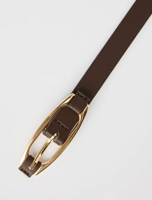 Women Brown Leather Look Slim Belt with Oval Buckle