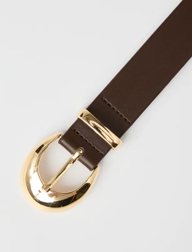 Women Brown Leather Look Belt with Shiny Oval Buckle