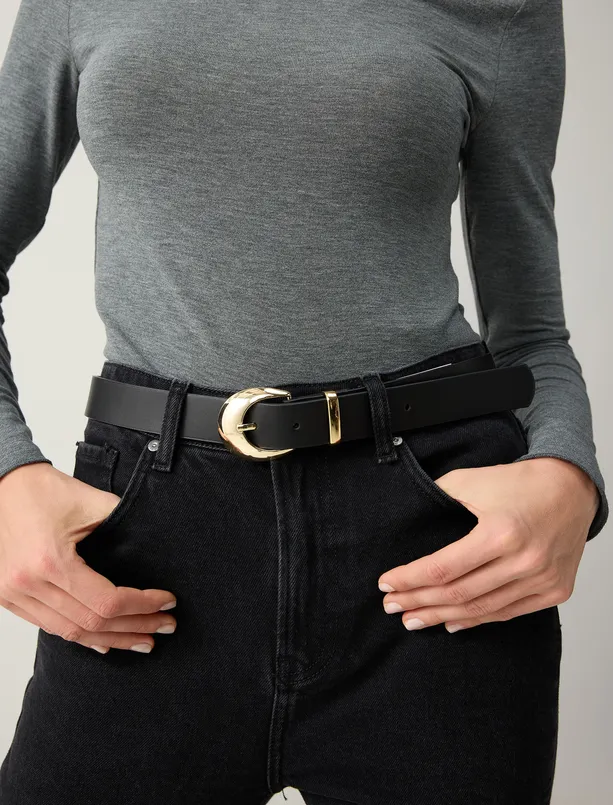 Bayan  Parlak Oval Tokalı Deri Görünümlü Kemer