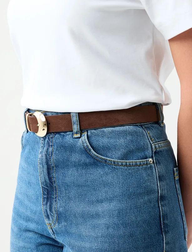 Bayan Kahverengi Süet Görünümlü Metal Tokalı Kemer