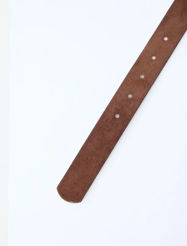 Bayan Kahverengi Süet Görünümlü Metal Tokalı Kemer