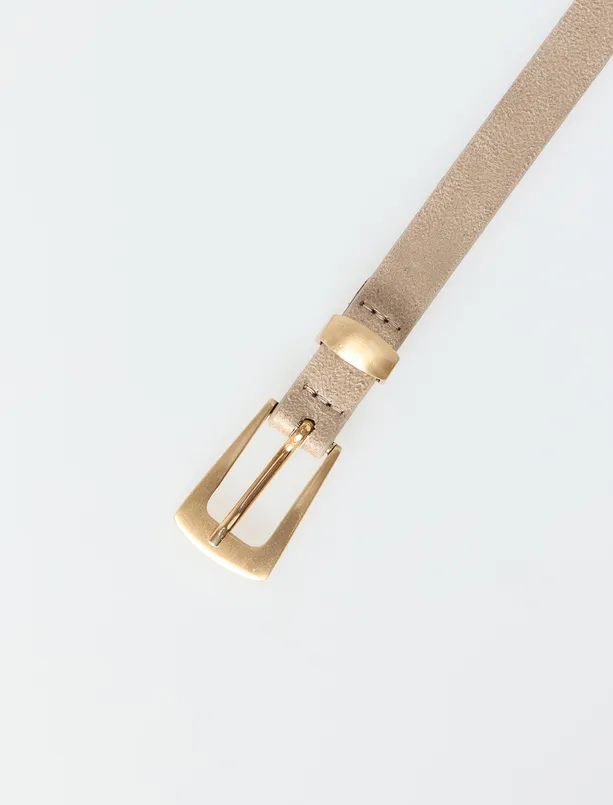 Bayan Bej Parlak Metal Tokalı İnce Süet Kemer