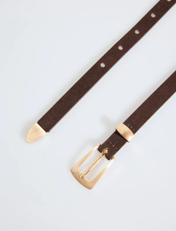 Bayan Kahverengi Parlak Metal Tokalı İnce Süet Kemer