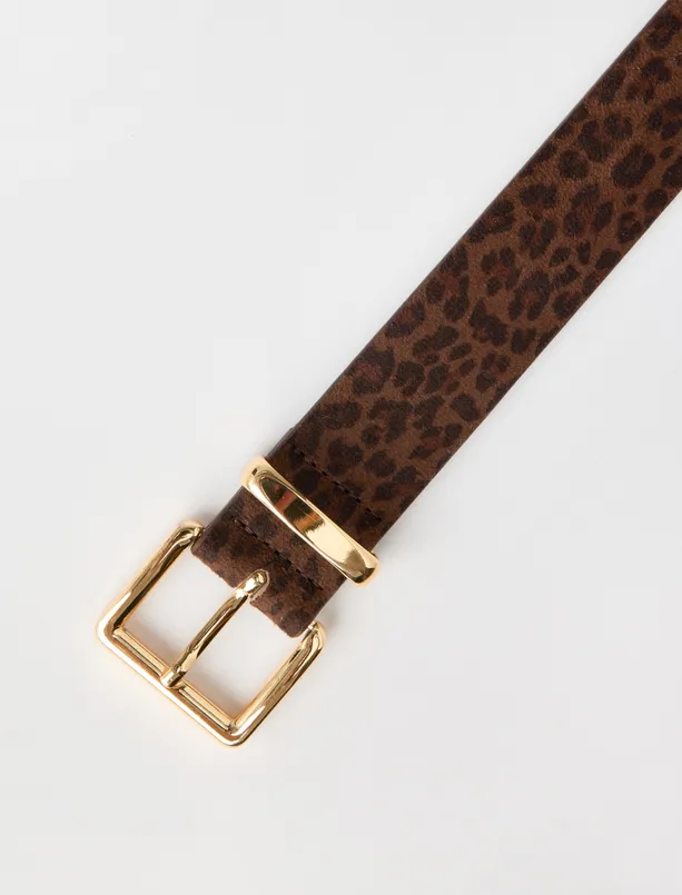Bayan Kahverengi Leopar Desenli Deri Görünümlü Kemer