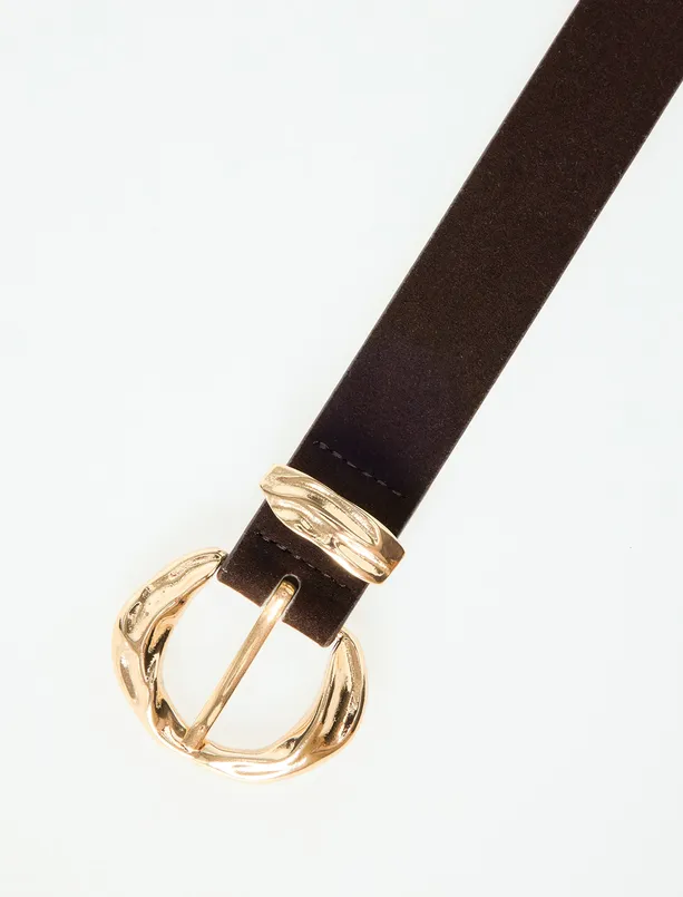 Bayan Kahverengi Deri Görünümlü Parlak Oval Tokalı Kemer