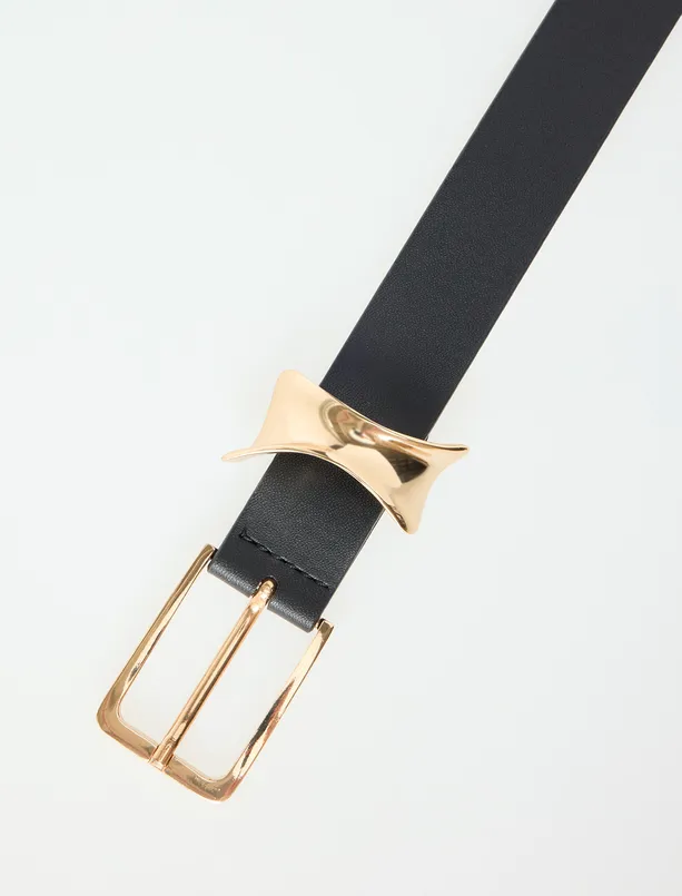 Women Black Leather Look Belt with Thin Metal Buckle