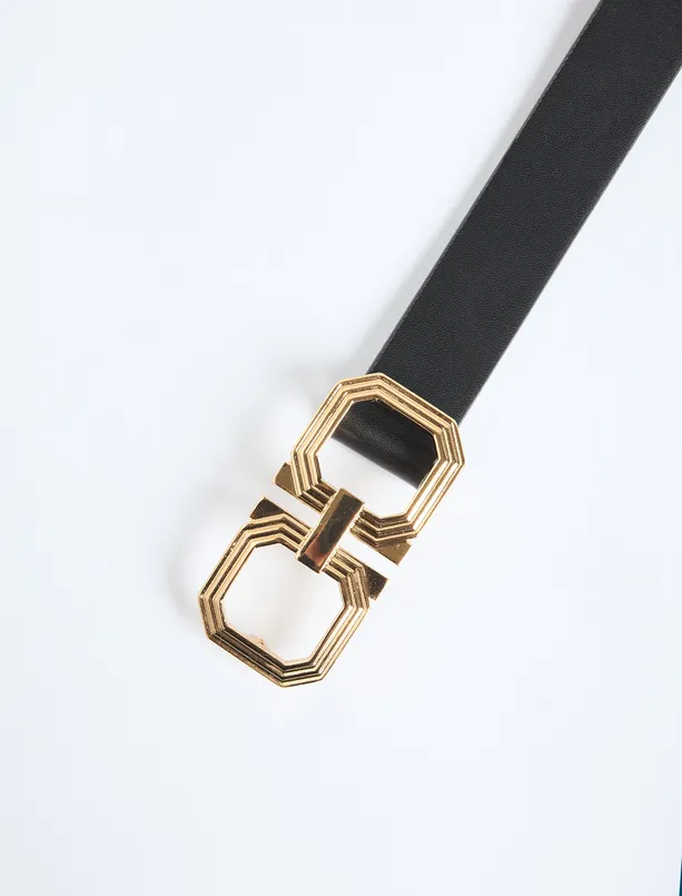 Bayan Siyah Deri Görünümlü İkili Oval Tokalı Kemer