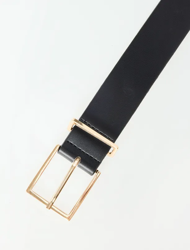 Women Black Leather Look Belt with Thin Metal Buckle