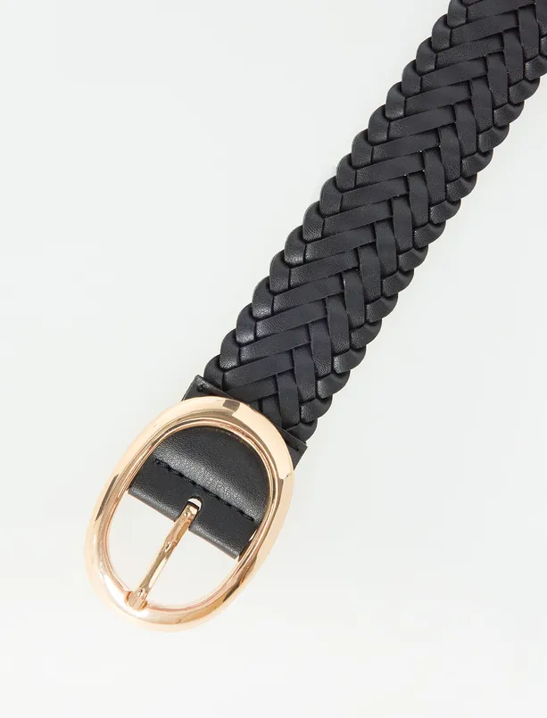 Women Black Leather Look Braid Patterned Belt