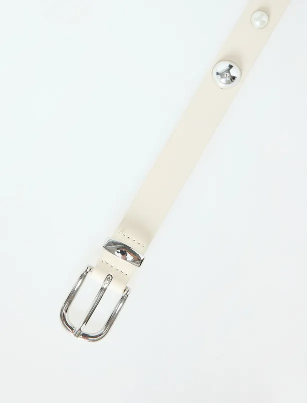 Bayan Ekru Deri Görünümlü İnci Detaylı Kemer