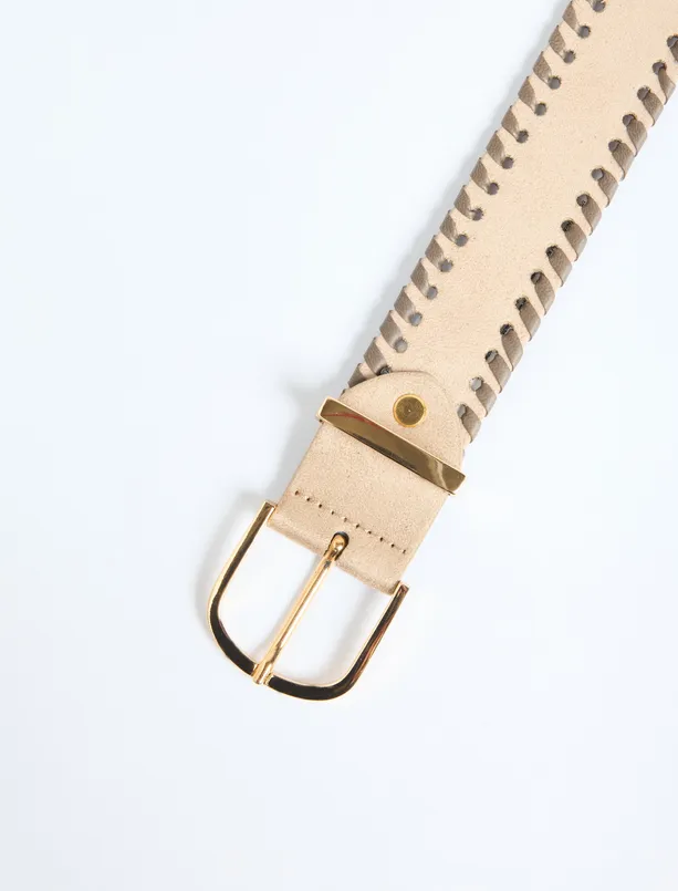 Bayan Bej Deri Görünümlü Kenar Detaylı Kemer