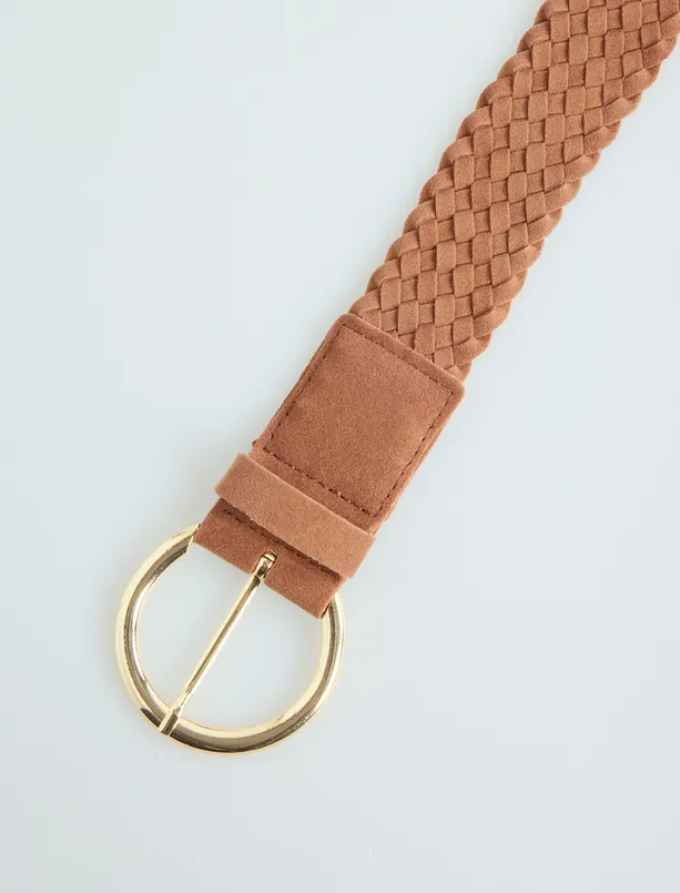 Women Brown Suede Belt with Braid Pattern