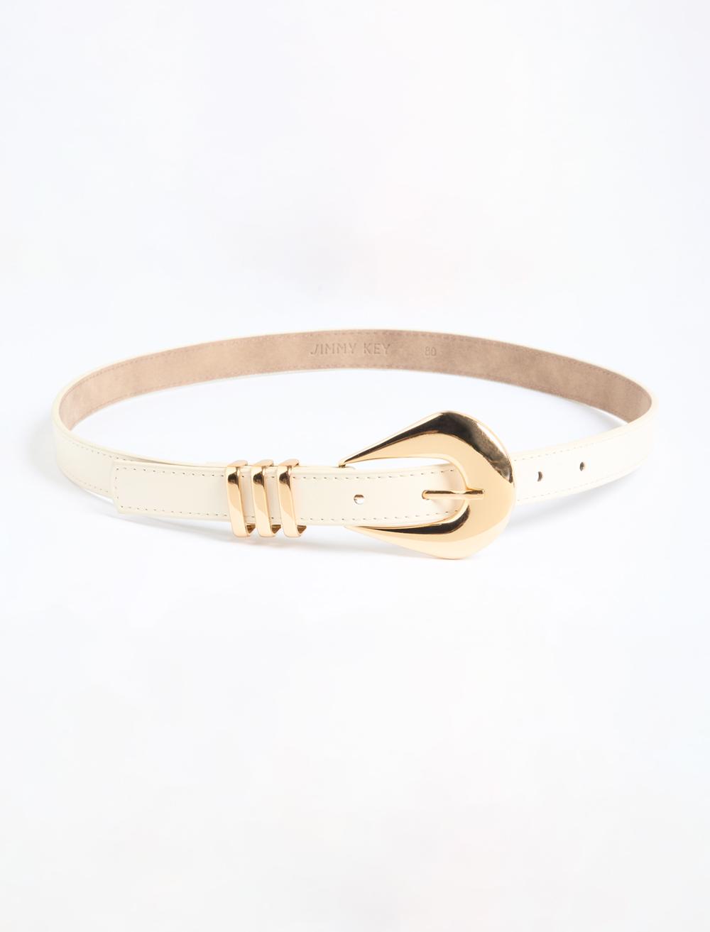 Oval Tokalı Üçlü Metal Detaylı Deri Görünümlü Kemer