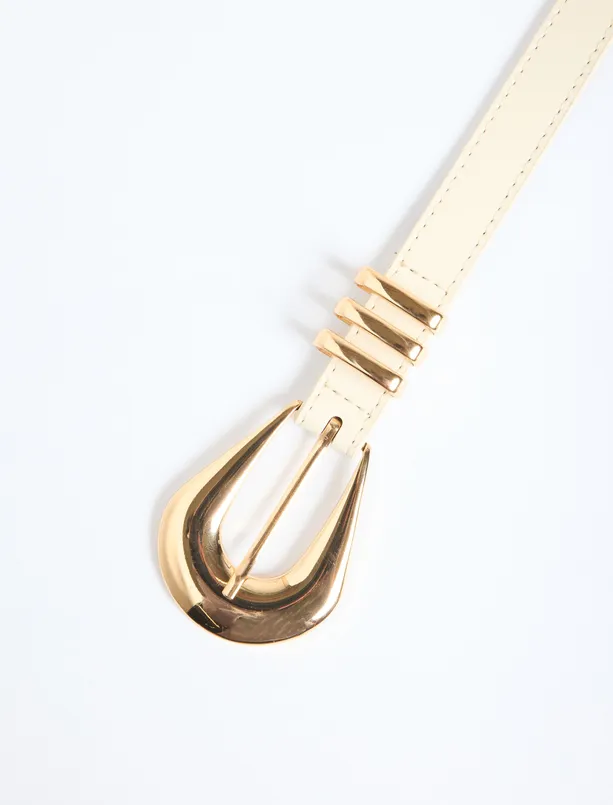 Bayan Bej Oval Tokalı Üçlü Metal Detaylı Deri Görünümlü Kemer