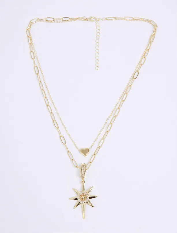 Bayan Sarı Kalp ve Yıldız Figürlü Çok Zincirli Kolye