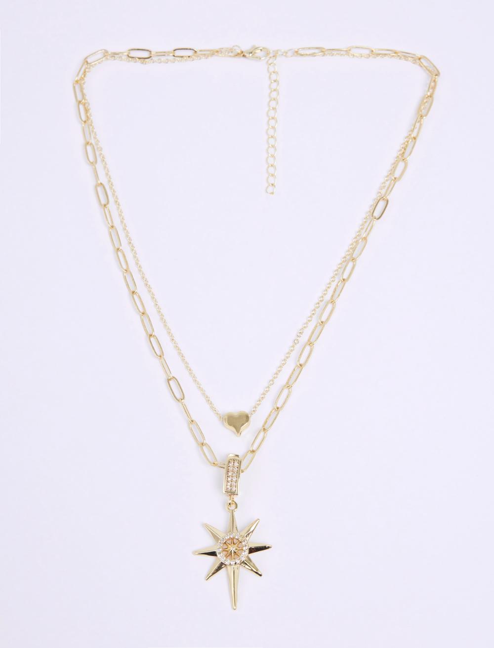 Kalp ve Yıldız Figürlü Çok Zincirli Kolye