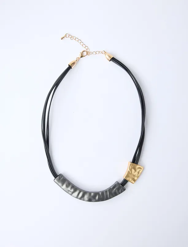 Bayan Siyah Deri Görünümlü Ayarlanabilir Kolye