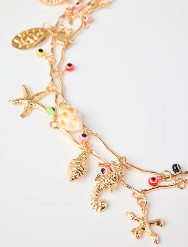 Bayan Sarı Charm Detaylı İkili Ayarlanabilir Kolye