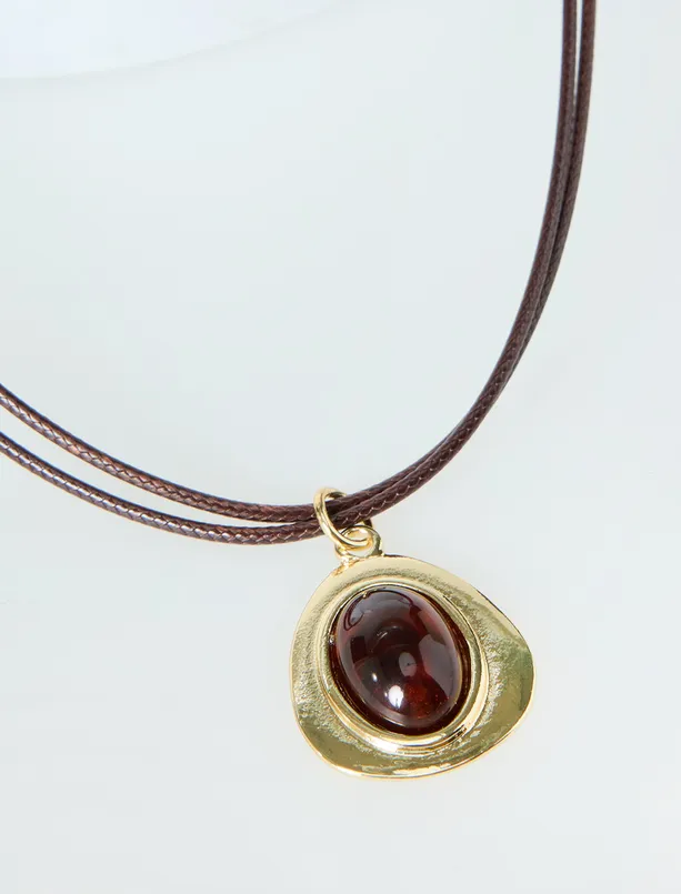 Bayan Kahverengi Büyük Taş Detaylı İpli Kolye