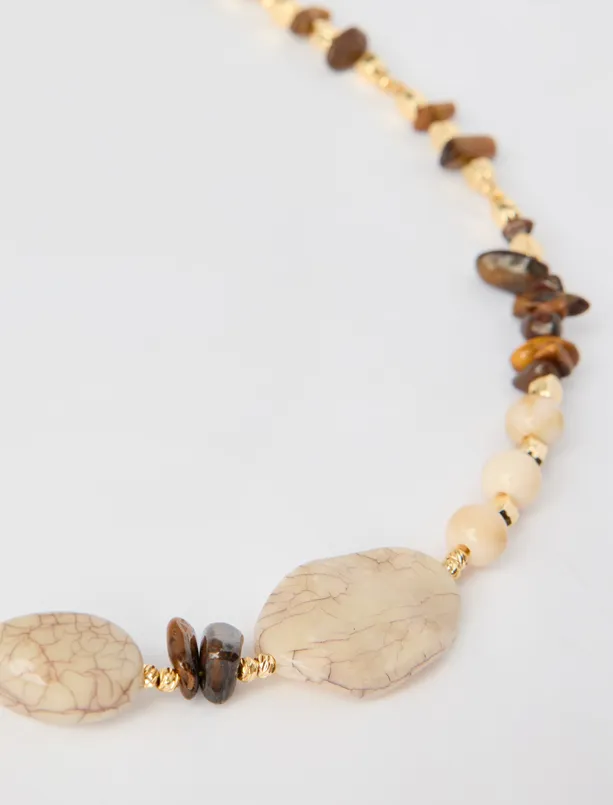 Bayan Karışık Boncuklu Doğal Taş Detaylı Kolye