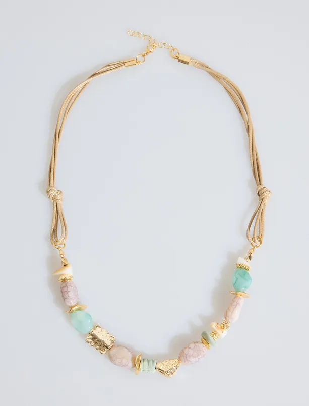 Bayan Bej Doğal Taş Detaylı İpli Ayarlanabilir Kolye