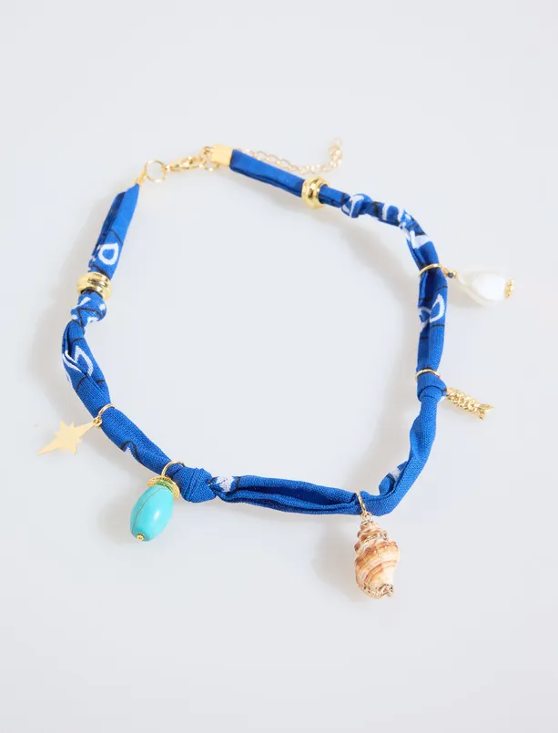 Bayan Lacivert Deniz Kabuğu Figürlü İp Detaylı Kolye