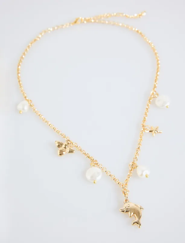 Women Yellow Fish Figured Pearl Adjustable Necklace