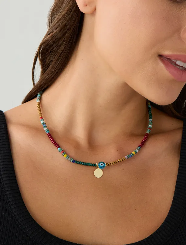 Bayan  Nazar Boncuğu Detaylı Ayarlanabilir Boncuk Kolye