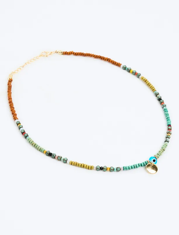 Bayan  Nazar Boncuğu Detaylı Ayarlanabilir Boncuk Kolye