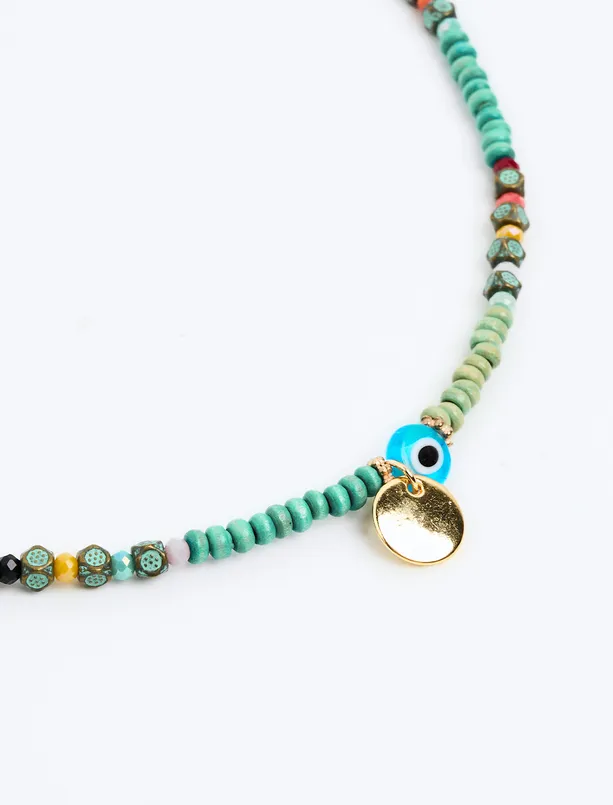 Bayan Karışık Nazar Boncuğu Detaylı Ayarlanabilir Boncuk Kolye