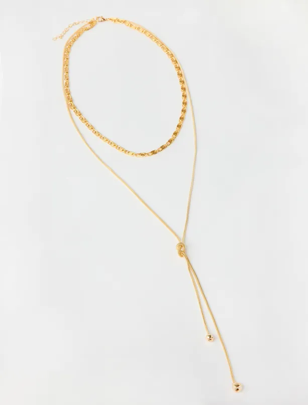 Bayan Sarı Düğüm Figürlü Parlak İkili Kolye