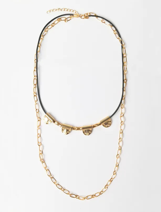 Bayan  Parlak Metal Detaylı Zincirli İkili Kolye