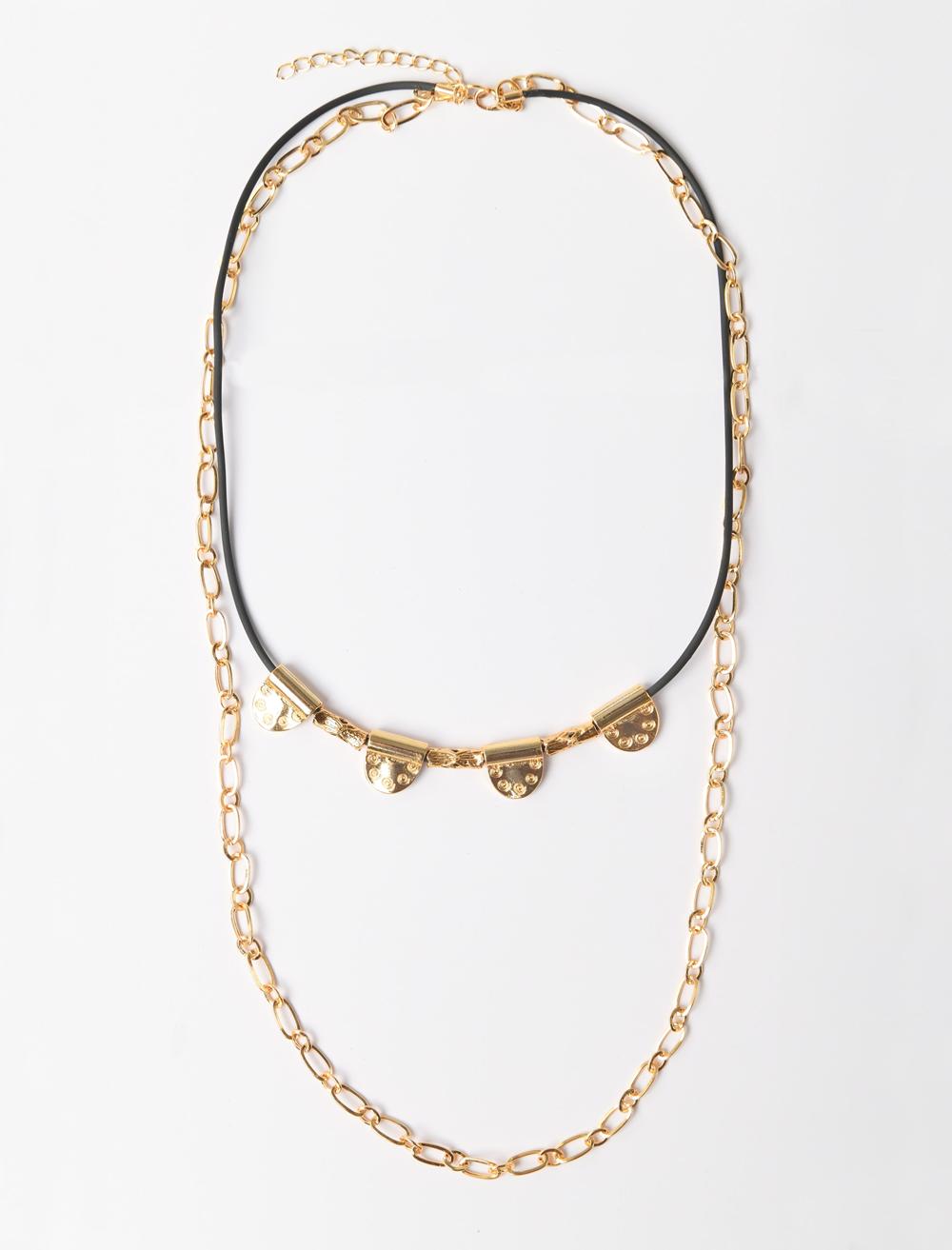 Parlak Metal Detaylı Zincirli İkili Kolye