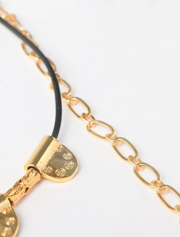 Bayan Sarı Parlak Metal Detaylı Zincirli İkili Kolye