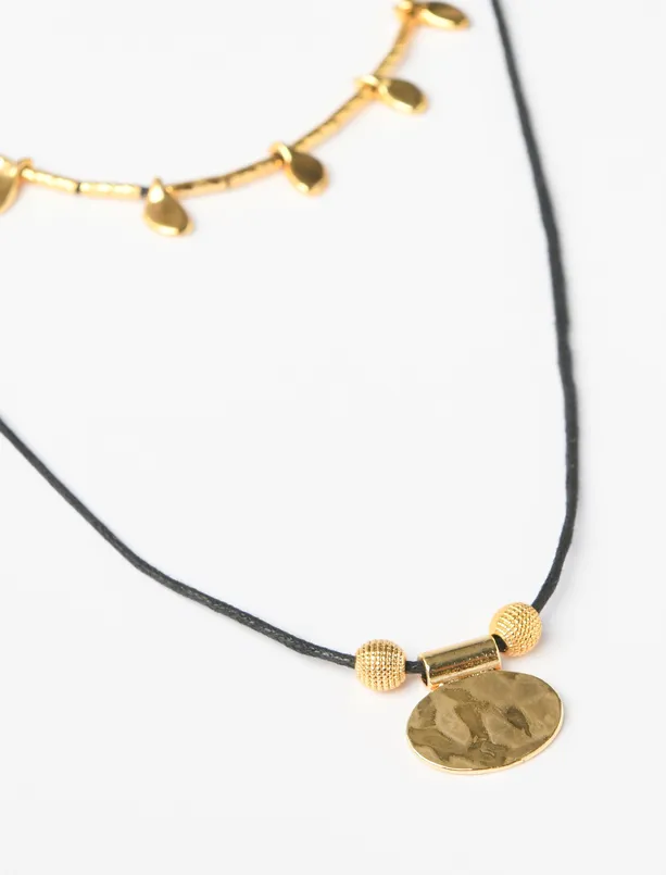 Bayan Siyah Parlak Metal Detaylı Ayarlanabilir İkili Kolye