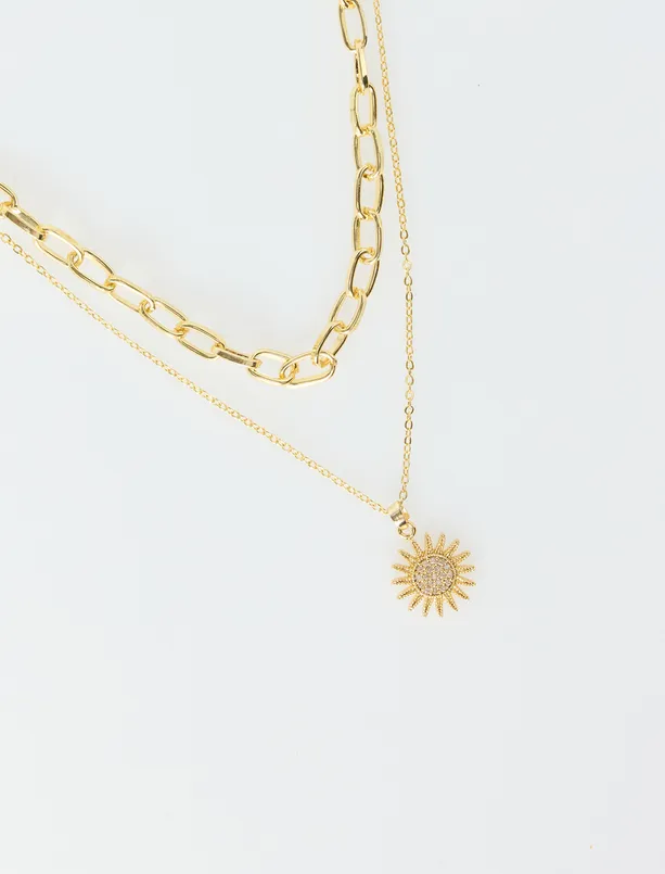 Women Yellow Shiny Double Adjustable Necklace with Sun Figures