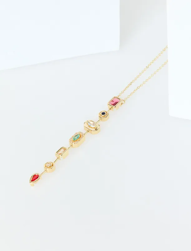 Bayan Karışık Geometrik Taş Figürlü Ayarlanabilir Çelik Kolye