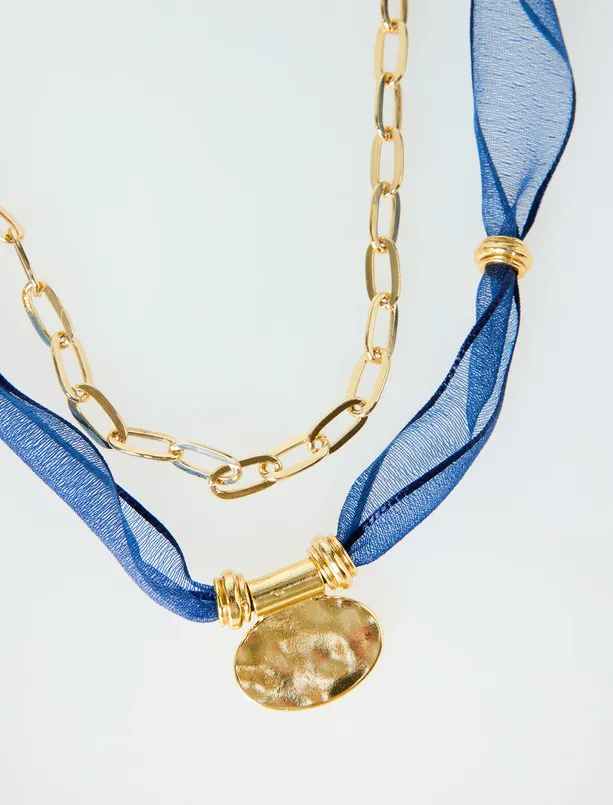 Bayan Lacivert Oval Metal Figürlü İkili Ayarlanabilir Kolye