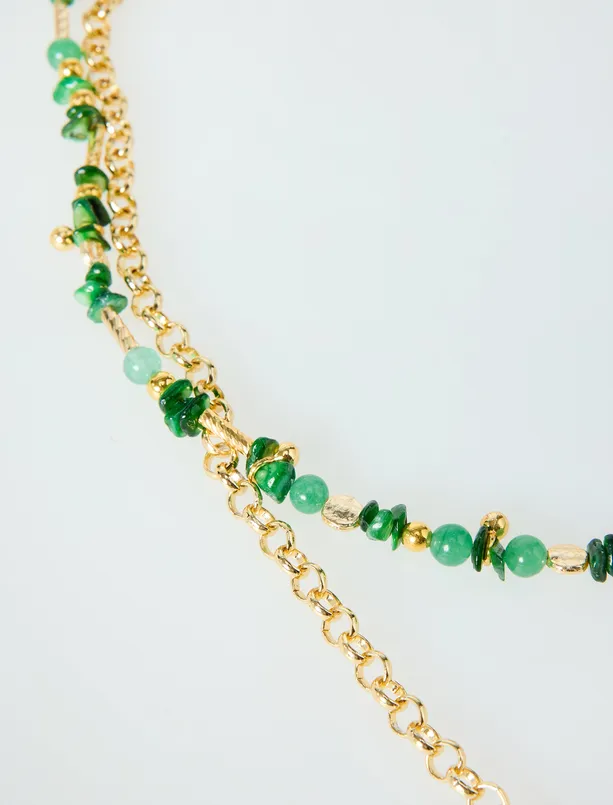 Bayan Yeşil Renkli Boncuk Figürlü İkili Ayarlanabilir Kolye