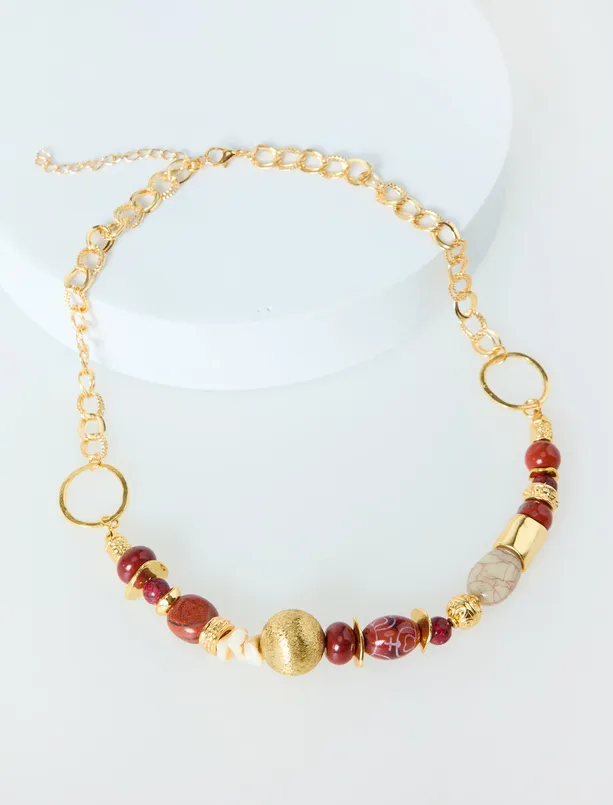 Bayan  Boncuk Detaylı Halkalı Ayarlanabilir Kolye