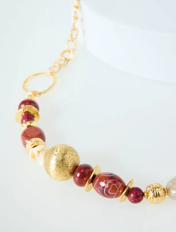 Women Claret Red Bead Detailed Ring Adjustable Necklace