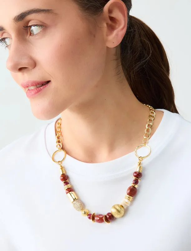 Bayan Bordo Boncuk Detaylı Halkalı Ayarlanabilir Kolye