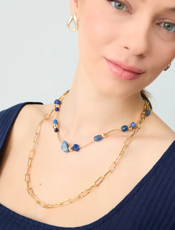 Bayan Sarı Zarif Taş Detaylı İkili Ayarlanabilir Kolye