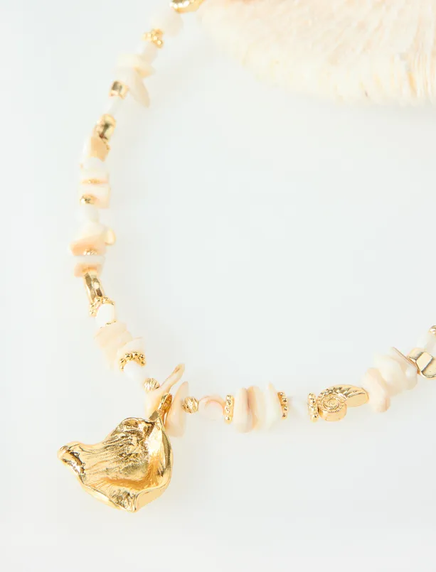 Women White Metal Figured Natural Stone Detailed Necklace