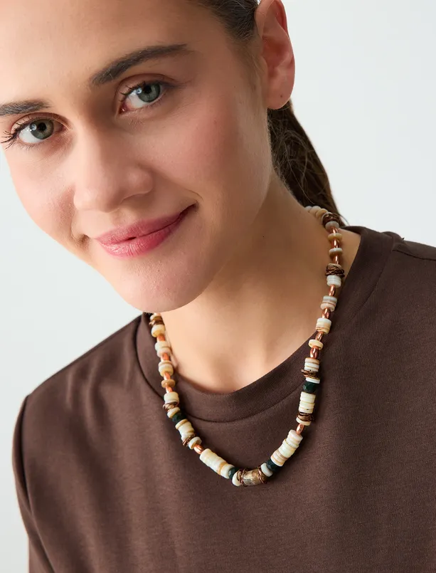 Bayan  Doğal Taş Detaylı Boncuklu Ayarlanabilir Kolye