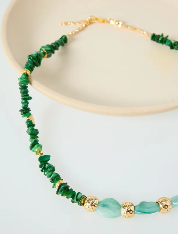 Women Green Beaded Shiny Metal Ball Figured Adjustable Necklace