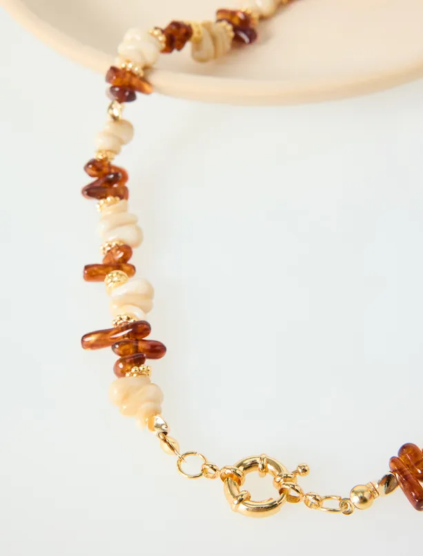 Bayan Bej Boncuk Detaylı Ayarlanabilir Kolye