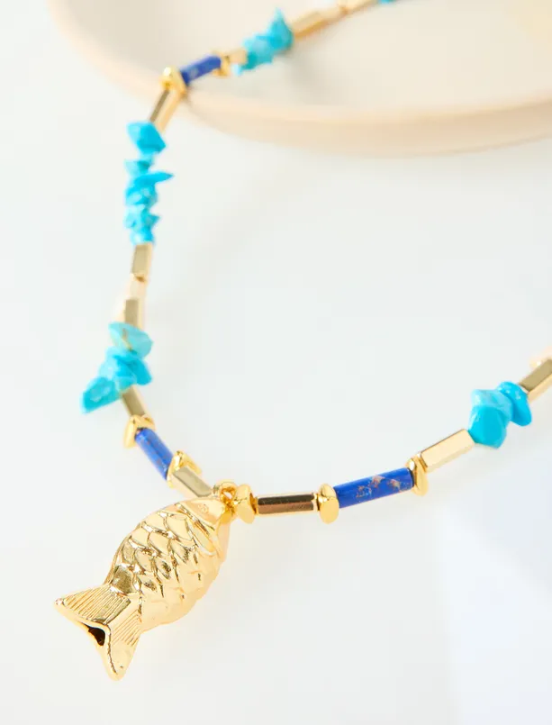 Bayan Mavi Doğal Taş Detaylı Balık Figürlü Kolye