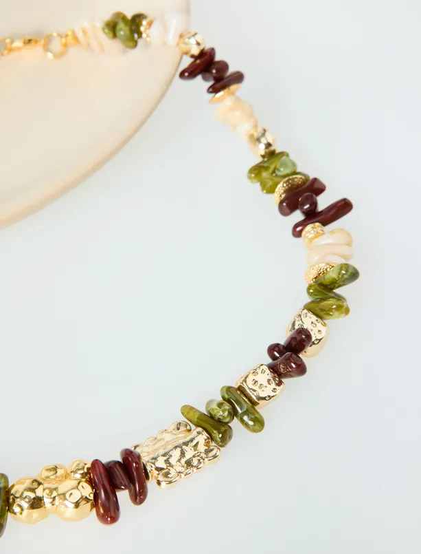 Bayan Karışık Renkli Doğal Taş Detaylı Ayarlanabilir Kolye