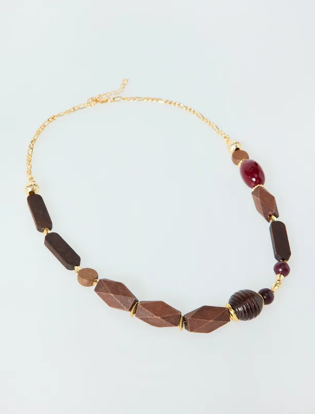 Bayan  Ahşap Boncuk Detaylı Ayarlanabilir Kolye